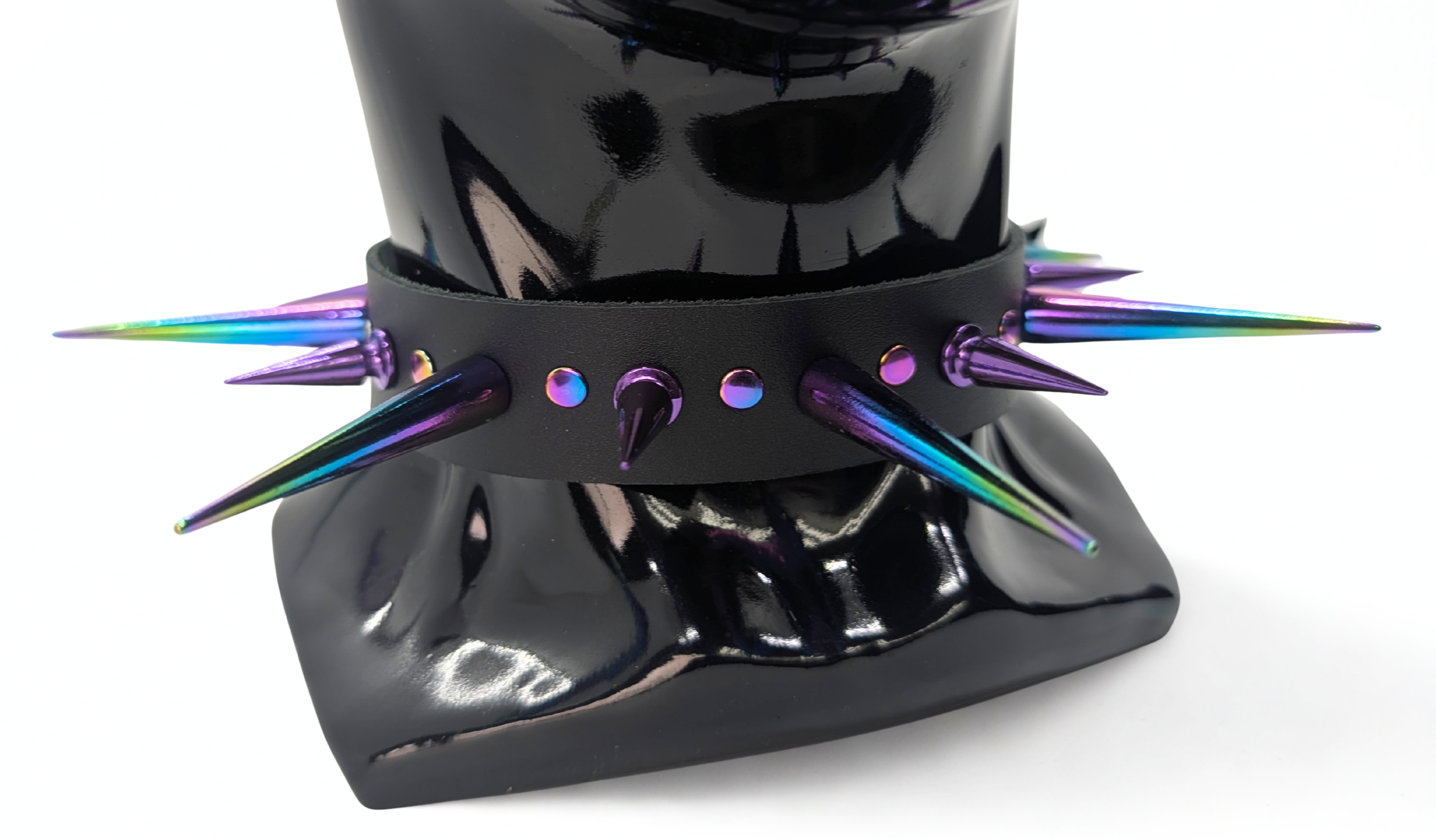 Rainbow Oil Slick Spiked Leather Day Collar