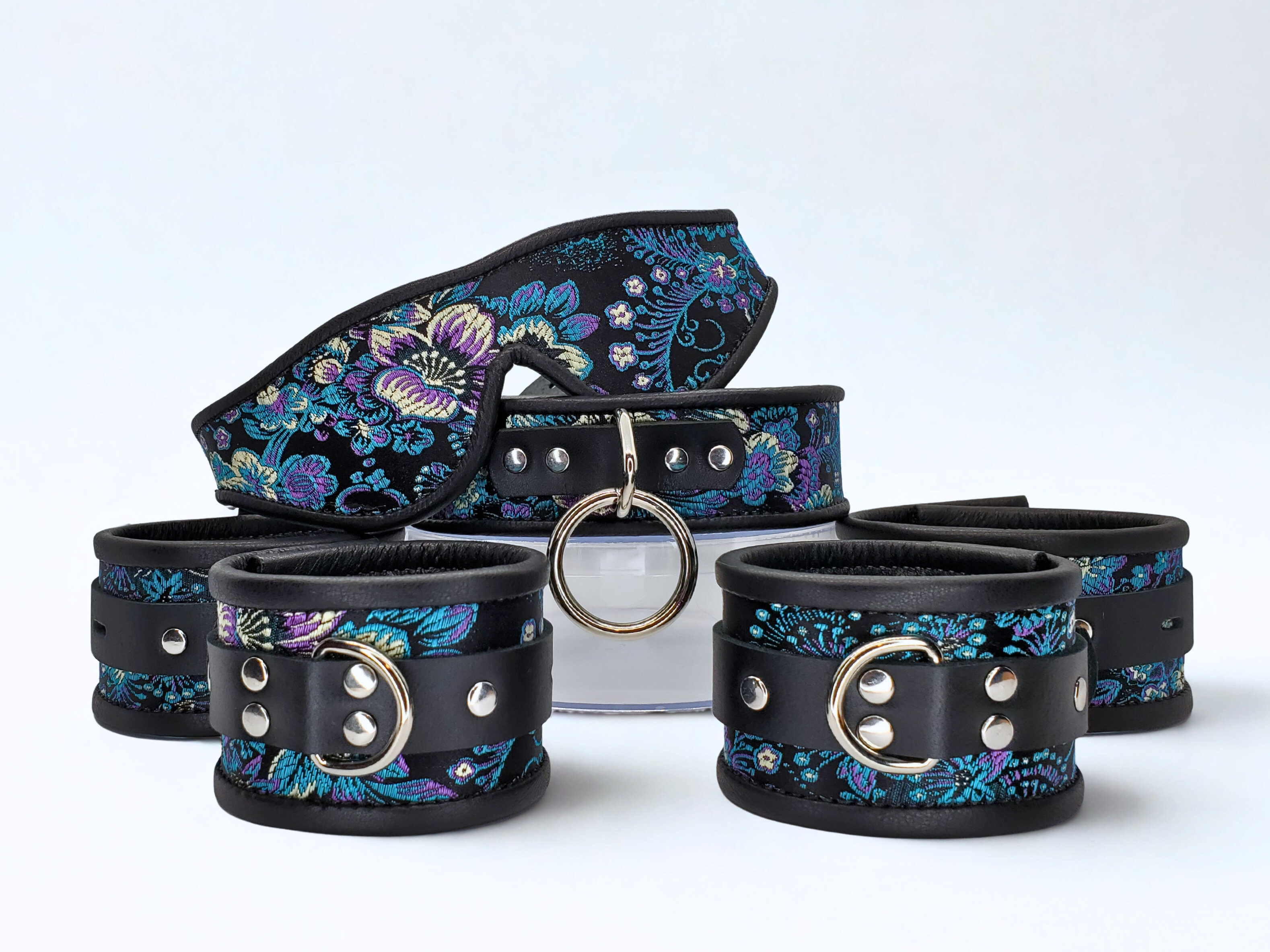 Blue Purple Brocade Wrist & Ankle & Collar Set & Blindfold