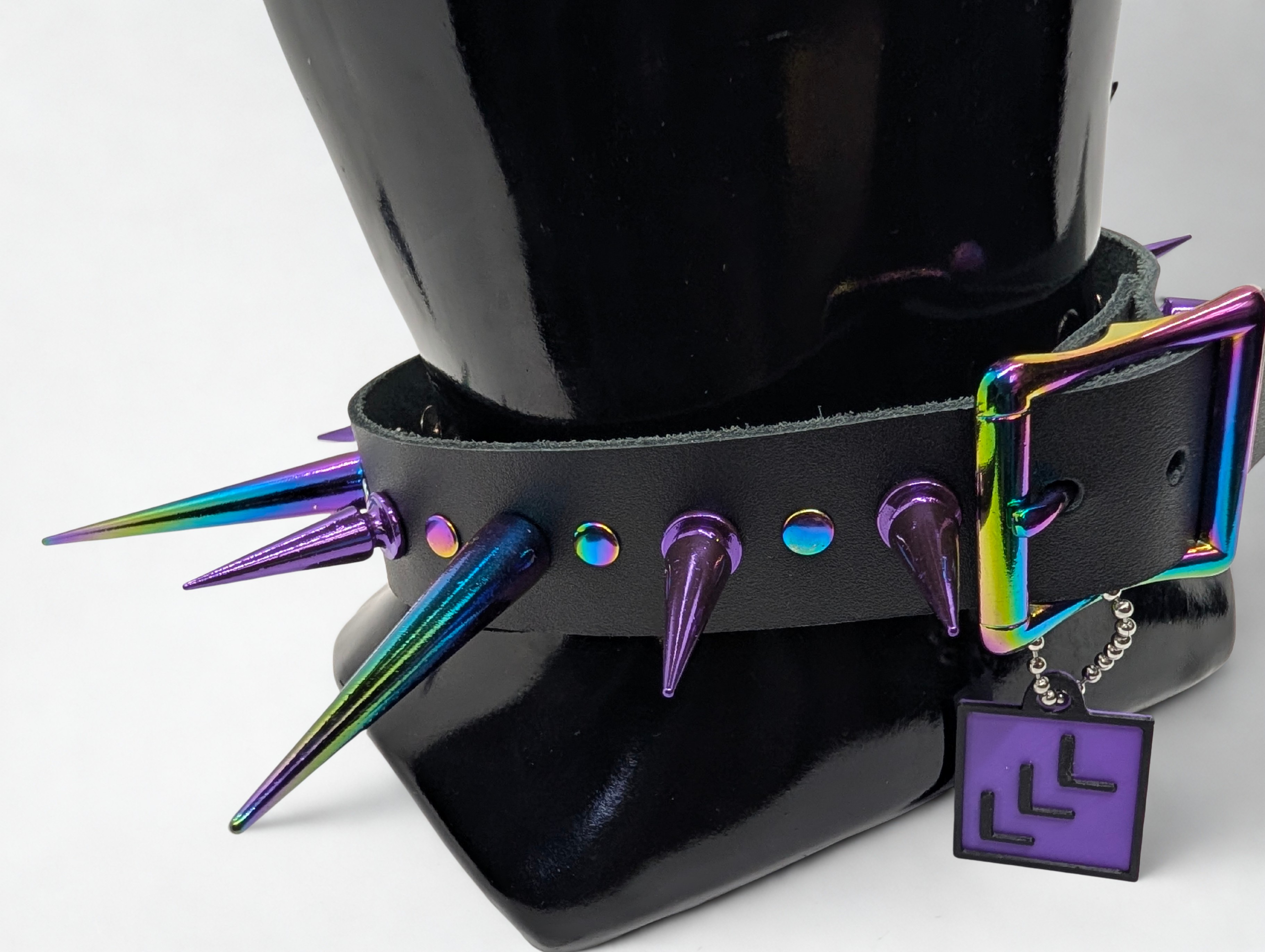 Rainbow Oil Slick Spiked Leather Day Collar