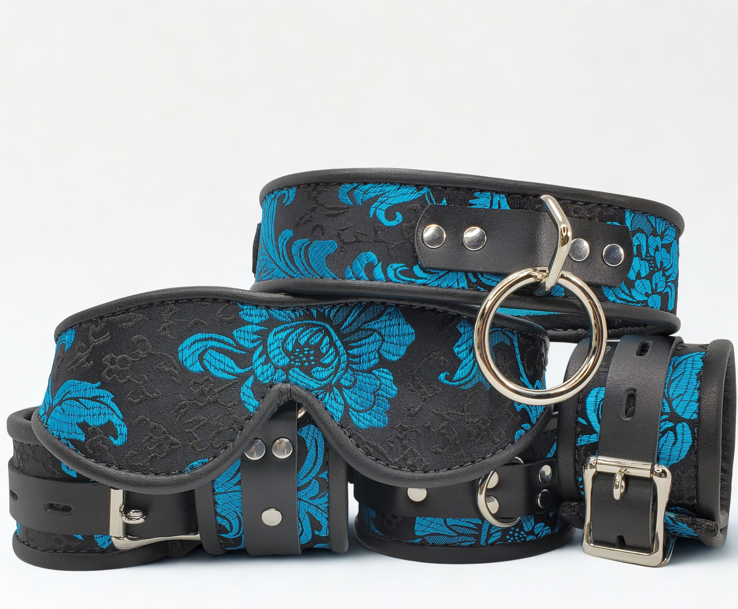 Blue Feather Brocade Wrist & Ankle & Collar Set & Blindfold