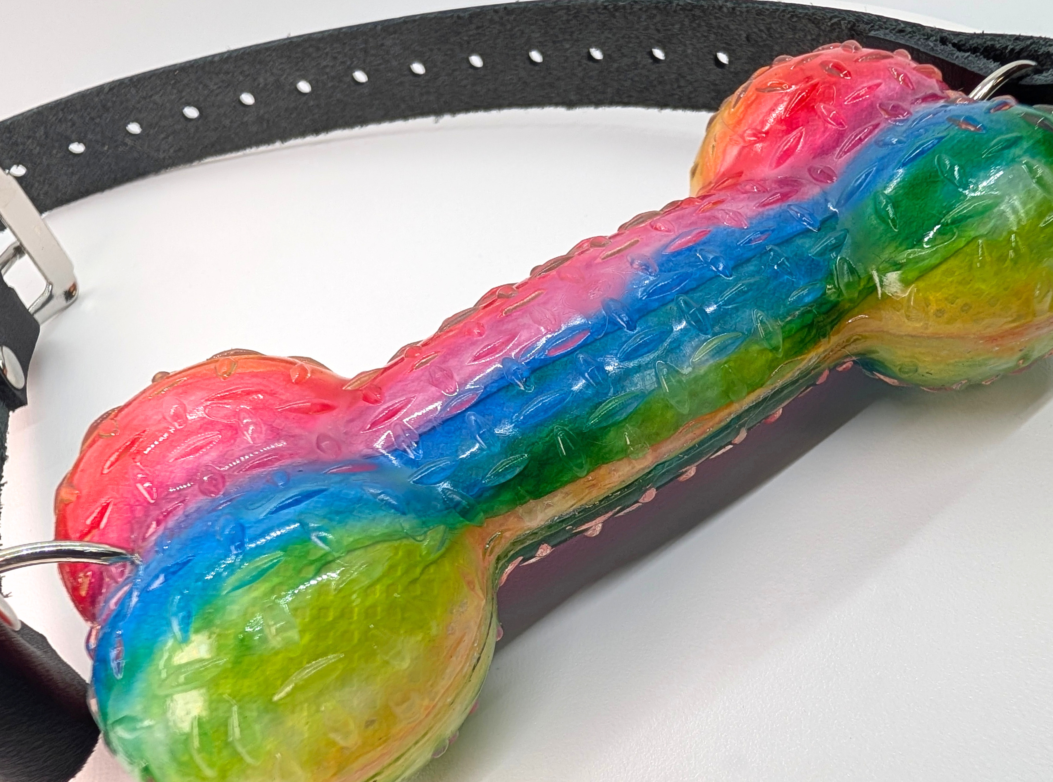Rainbow Squeaky Bone Gag with Leather Straps