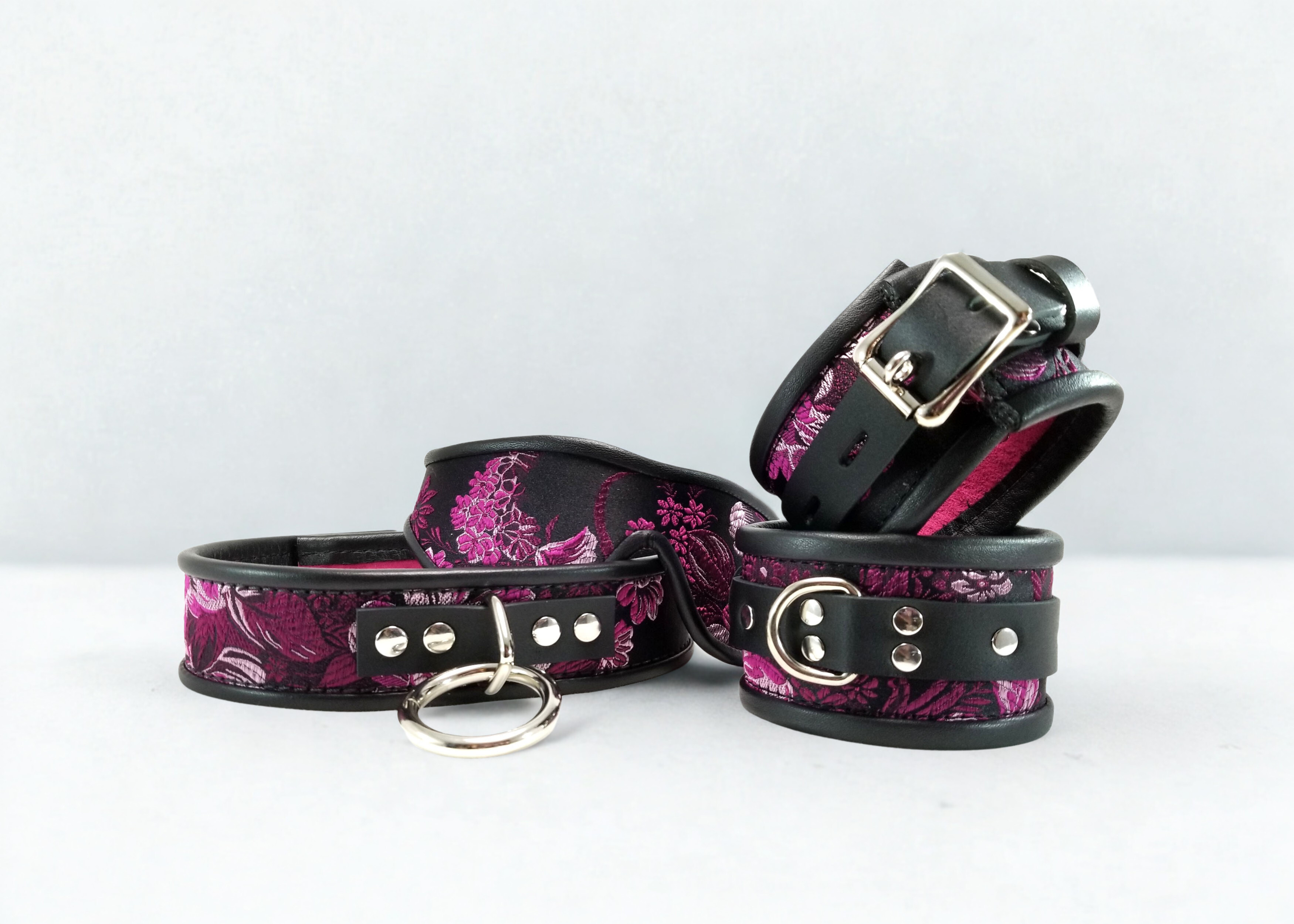  Fuchsia Brocade Wrist & Ankle & Collar Set & Blindfold
