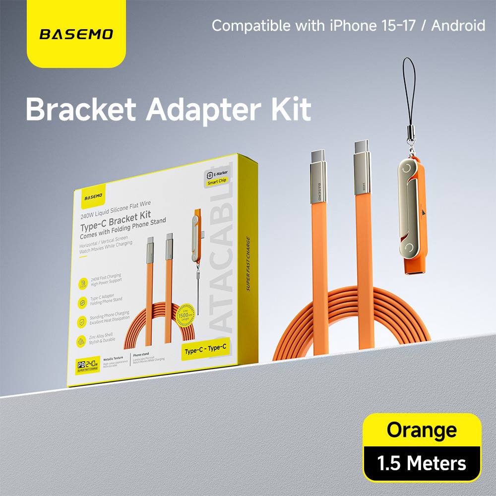 BASEMO Phone Charger 240W Silicone Cable with Detachable Stand - Universal Type-C, 90° Angle, 480Mbps Data Transfer Speed(orange)