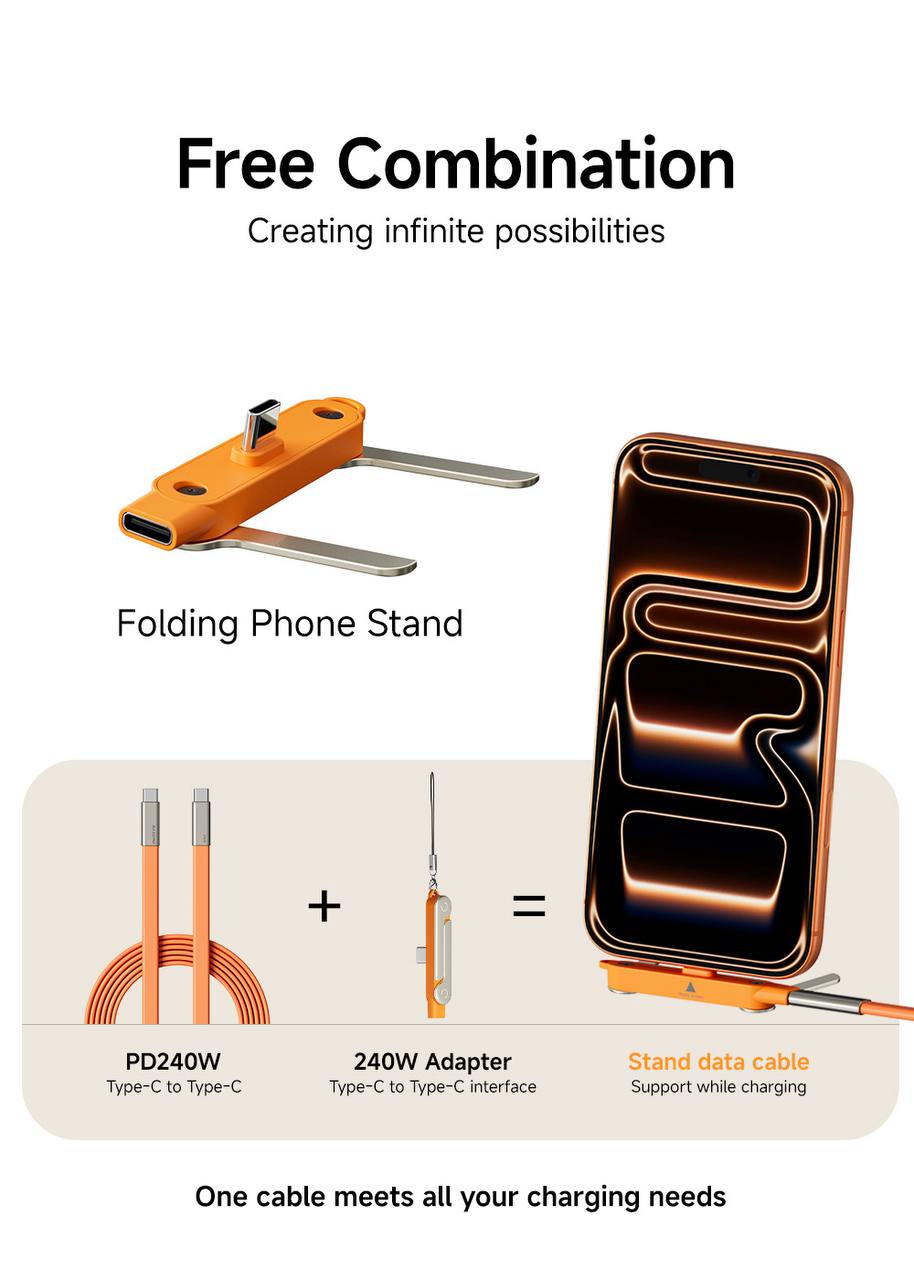BASEMO Phone Charger 240W Silicone Cable with Detachable Stand - Universal Type-C, 90° Angle, 480Mbps Data Transfer Speed(orange)