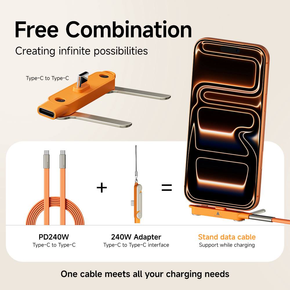 BASEMO Phone Charger 240W Silicone Cable with Detachable Stand - Universal Type-C, 90° Angle, 480Mbps Data Transfer Speed(orange)