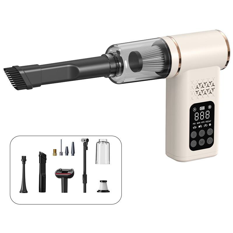 Syveron powerful cordless 5-in-1 vacuum and air compressor combines cleaning, inflating, and measuring in one compact device.