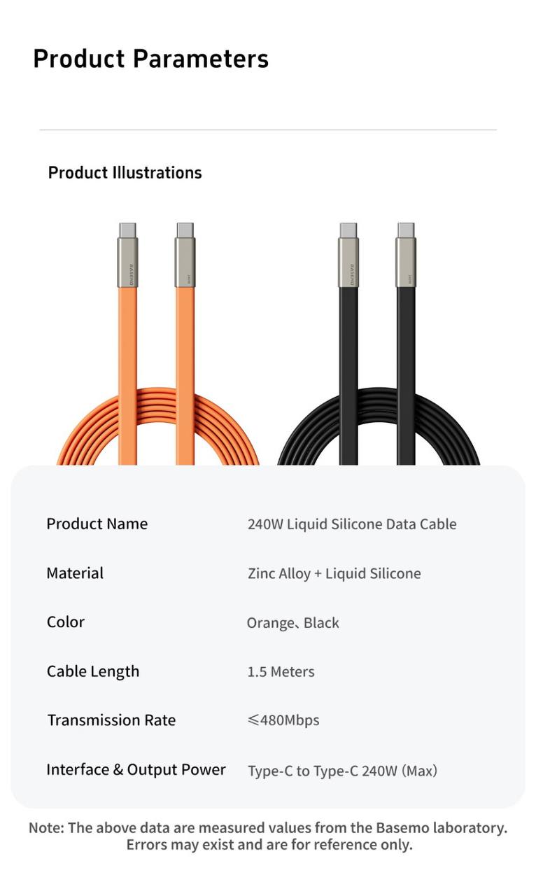BASEMO Phone Charger 240W Silicone Cable with Detachable Stand - Universal Type-C, 90° Angle, 480Mbps Data Transfer Speed(orange)
