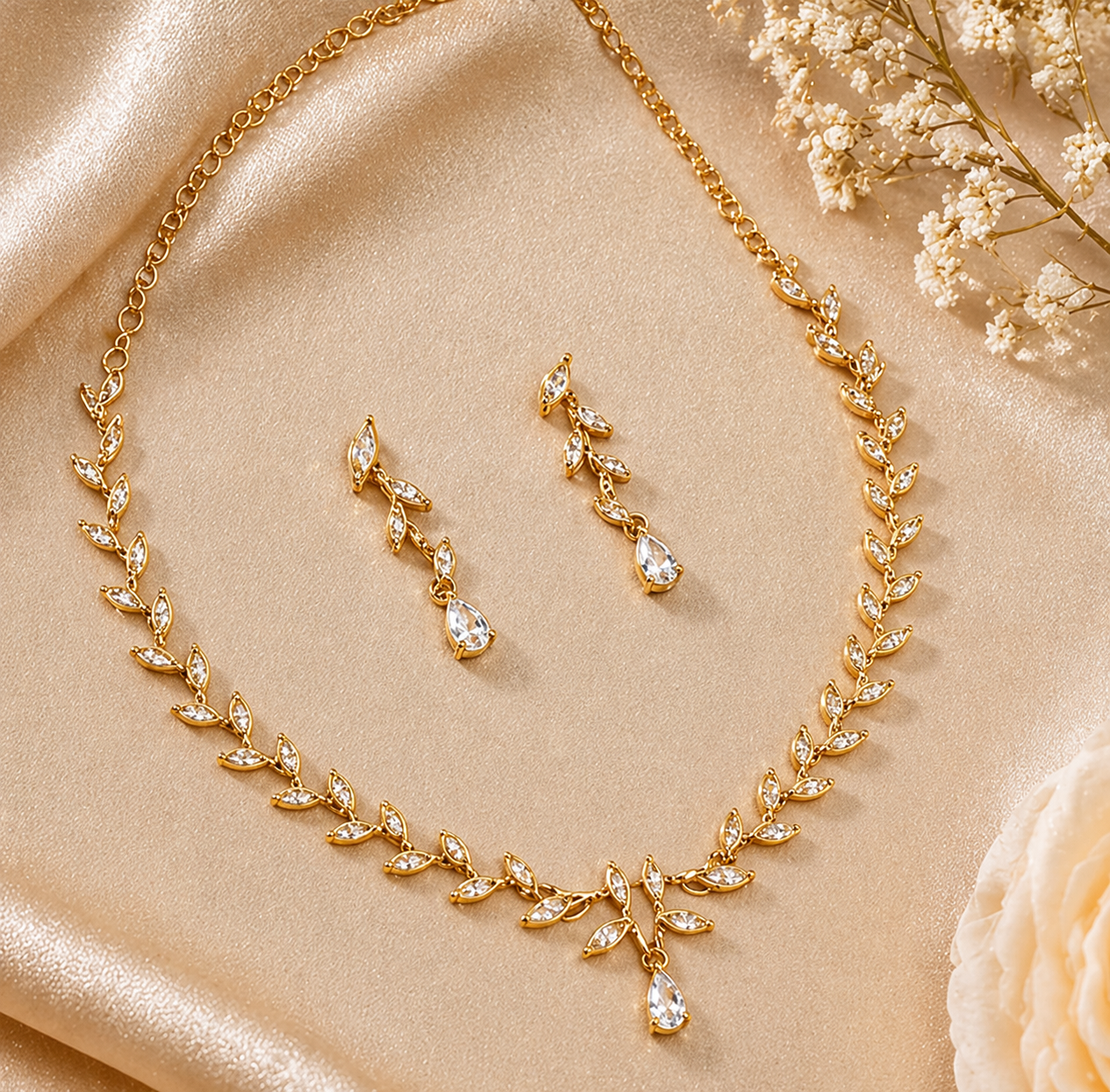 Gold Plated CZ Diamond Crystal Leaf Necklace