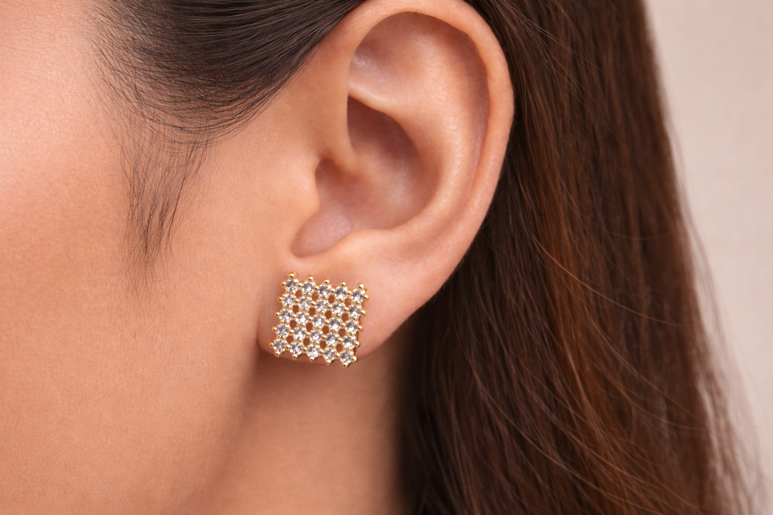 Gold Plated CZ Diamond Square Stud Earrings