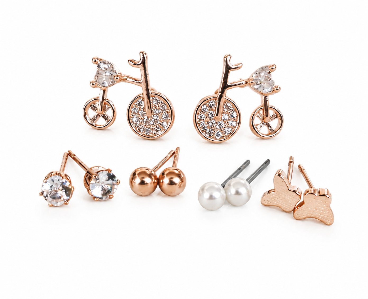 Rose Gold CZ Diamond, Pearl & Designer Stud Combo