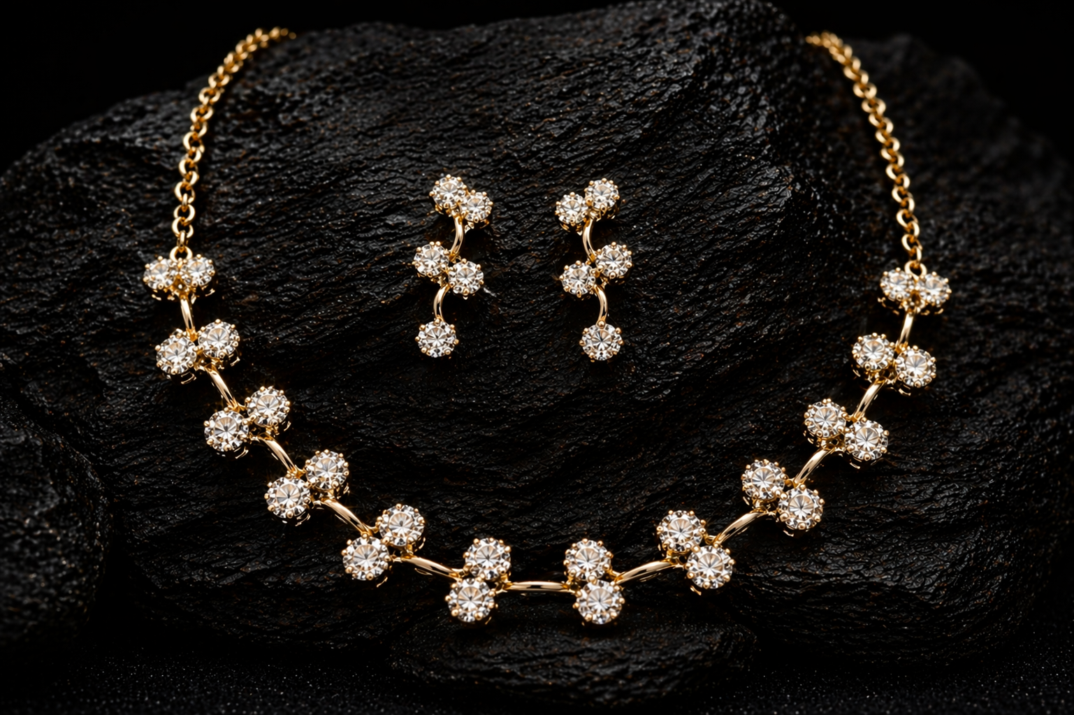 Elegant Gold Plated CZ Diamond Floral Necklace & Earring Set