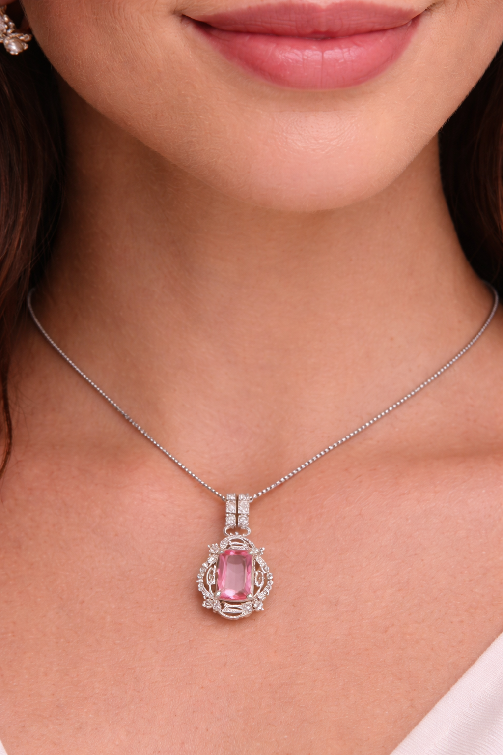 Silver Tone CZ Diamond Pink Stone Vintage Pendant
