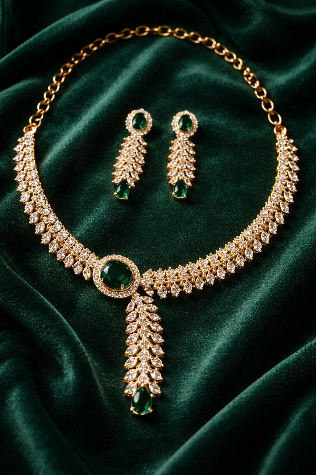 Emerald & CZ Diamond Necklace Set