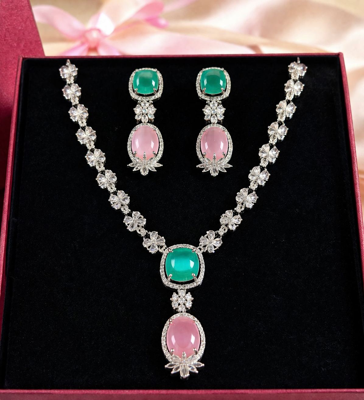 Elegant Gemstone CZ Diamond Necklace & Earrings Set