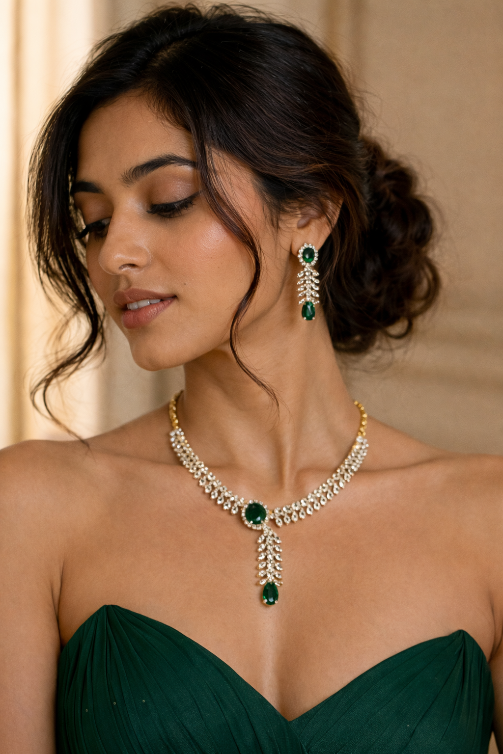 Emerald & CZ Diamond Necklace Set
