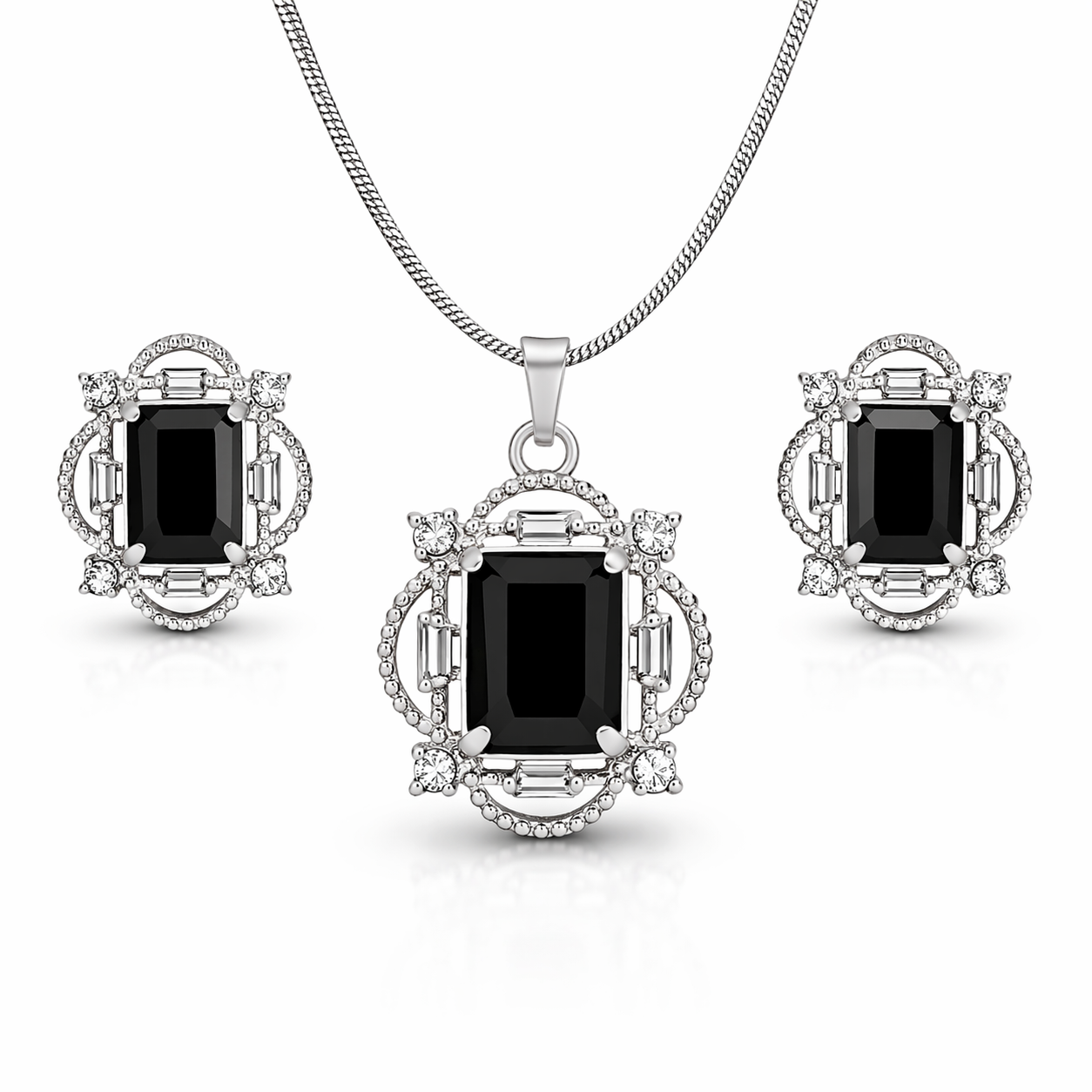 Silver Tone CZ Diamond Halo Necklace with Matching Earrings