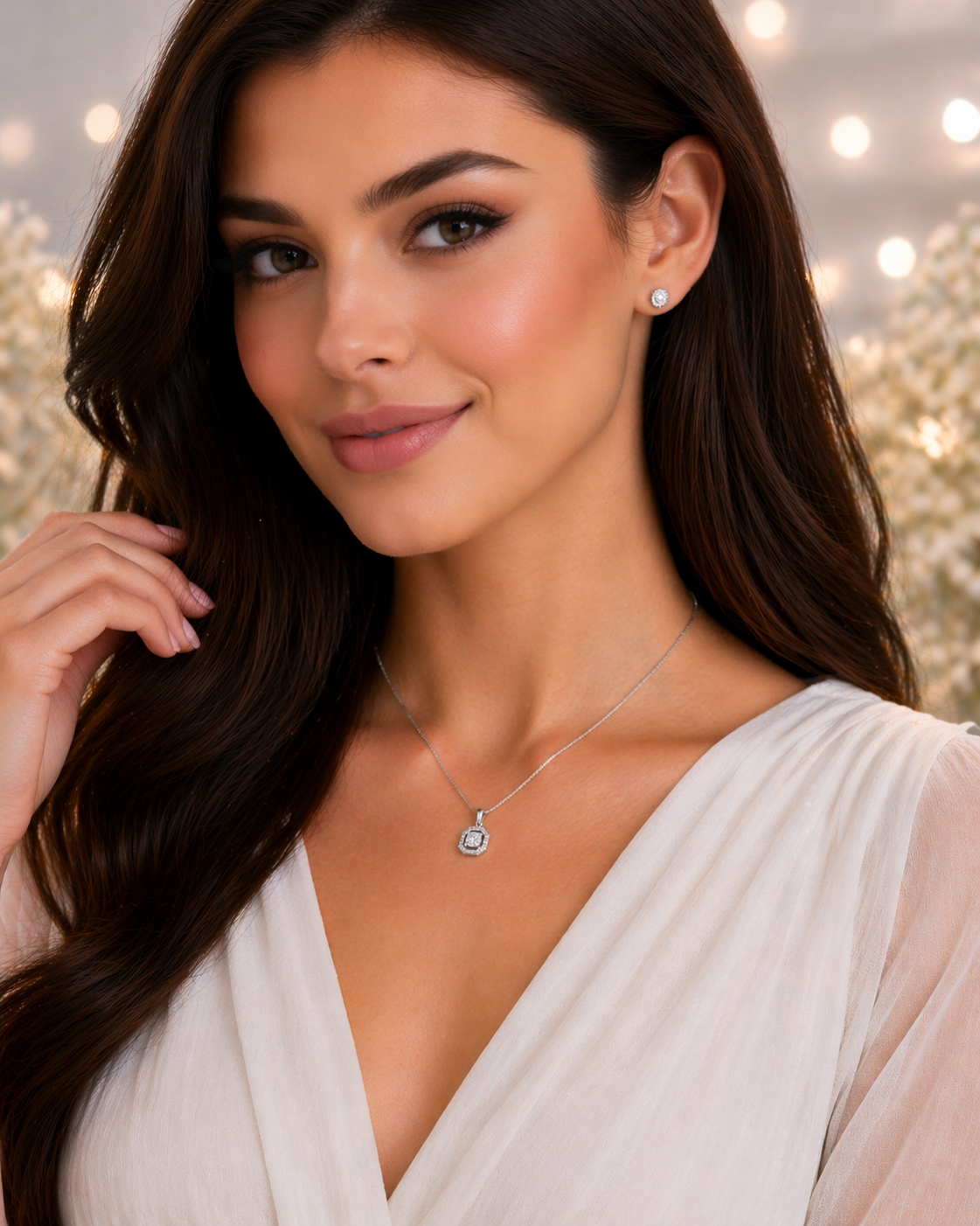 CZ Diamond Square Pendant with Solitaire studs