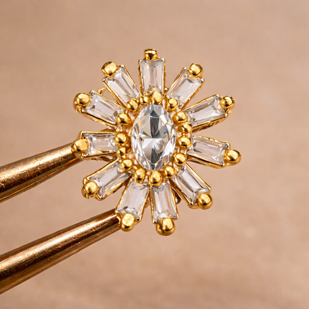 Gold Plated CZ Diamond Flower Stud Earrings