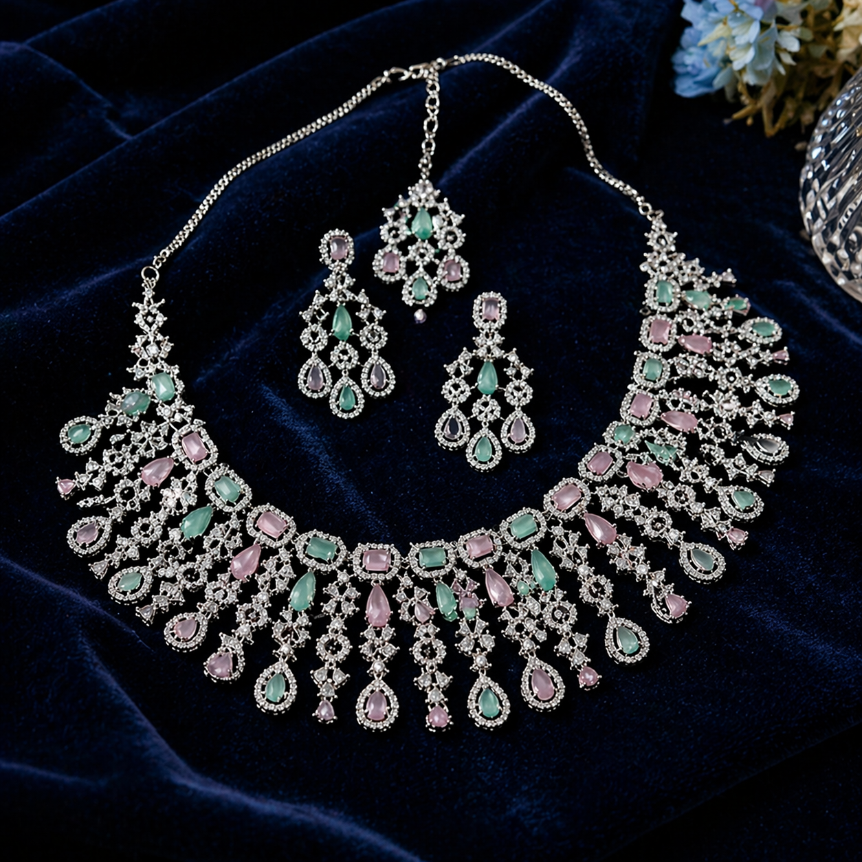 Elegant CZ Diamond Crystal Necklace and Earring Set