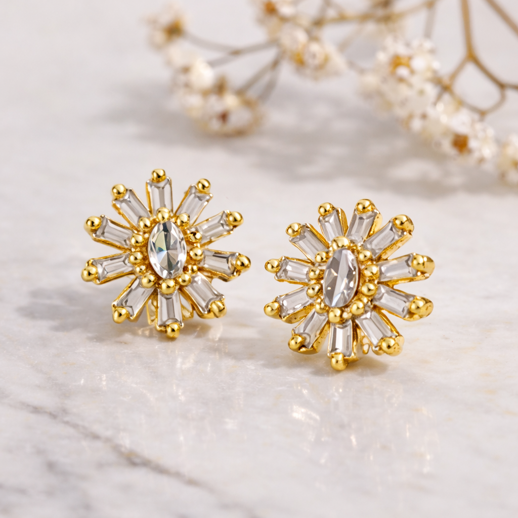 Gold Plated CZ Diamond Flower Stud Earrings