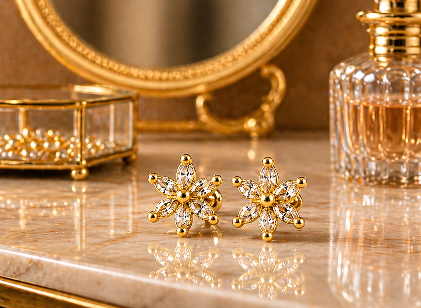 Gold Plated Flower CZ Diamond Stud Earrings