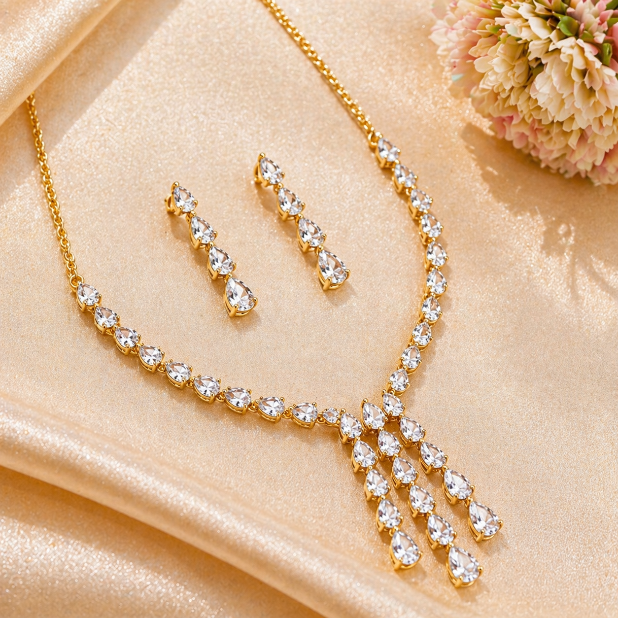 Elegant CZ Diamond Crystal Necklace & Earrings Set