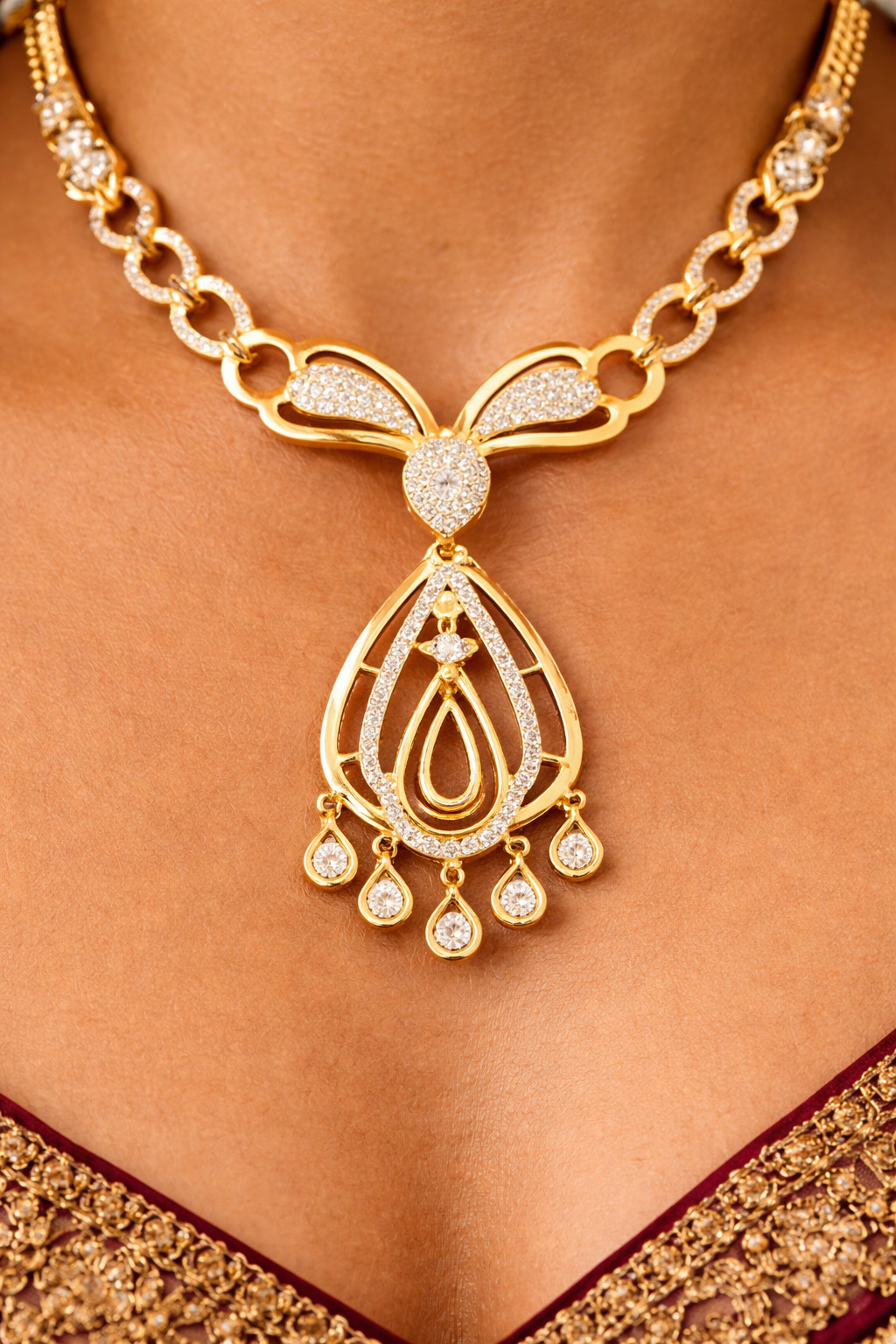Elegant Gold Plated CZ Diamond Necklace and Earrings Set