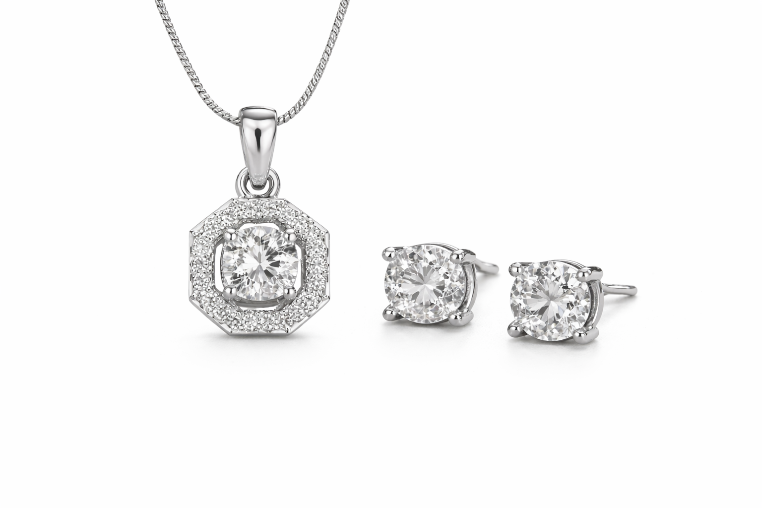 CZ Diamond Square Pendant with Solitaire studs