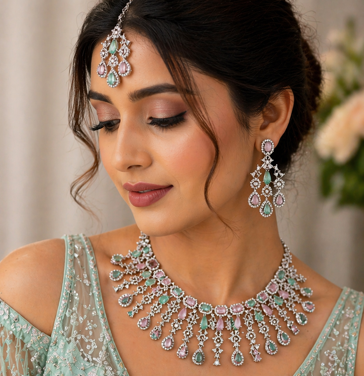 Elegant CZ Diamond Crystal Necklace and Earring Set