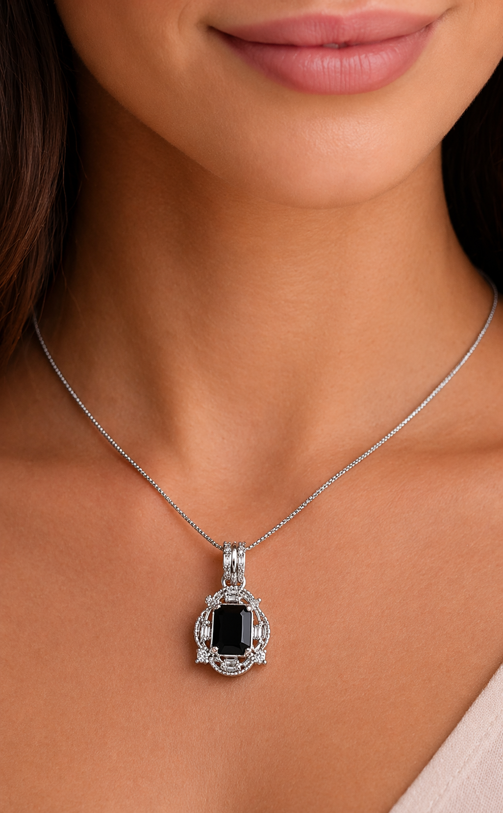 Silver Tone CZ Diamond Halo Necklace with Matching Earrings