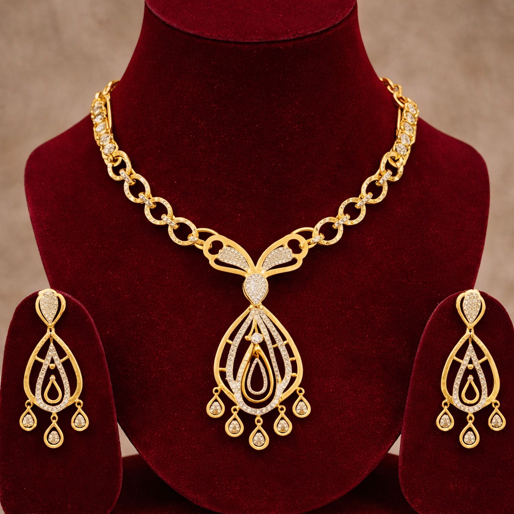 Elegant Gold Plated CZ Diamond Necklace and Earrings Set