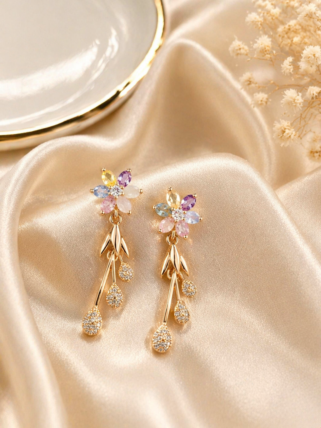 Floral CZ Diamond Crystal Drop Earrings