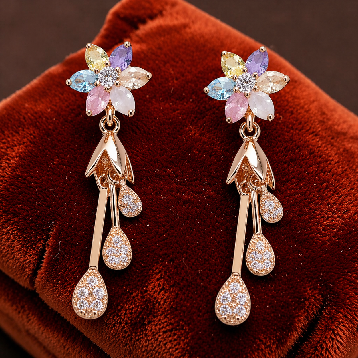 Floral CZ Diamond Crystal Drop Earrings
