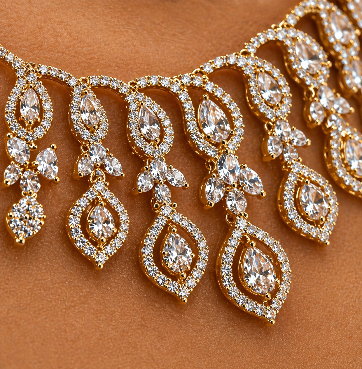 Gold Plated Leaf CZ Diamond Necklace & Earring Set