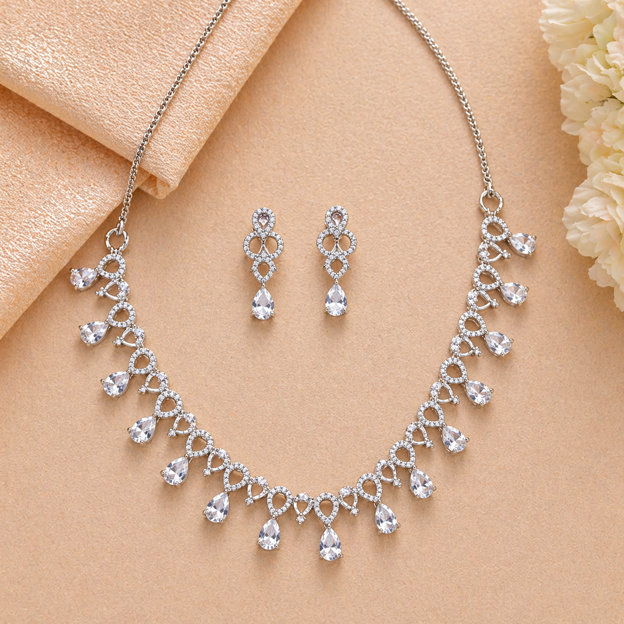 Elegant CZ Diamond Crystal Necklace & Earrings Set
