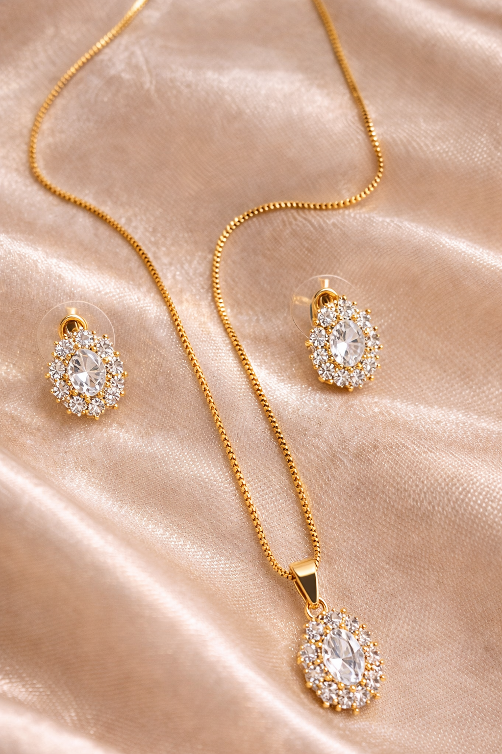 Gold Plated Oval CZ Diamond Crystal Jewelry Set