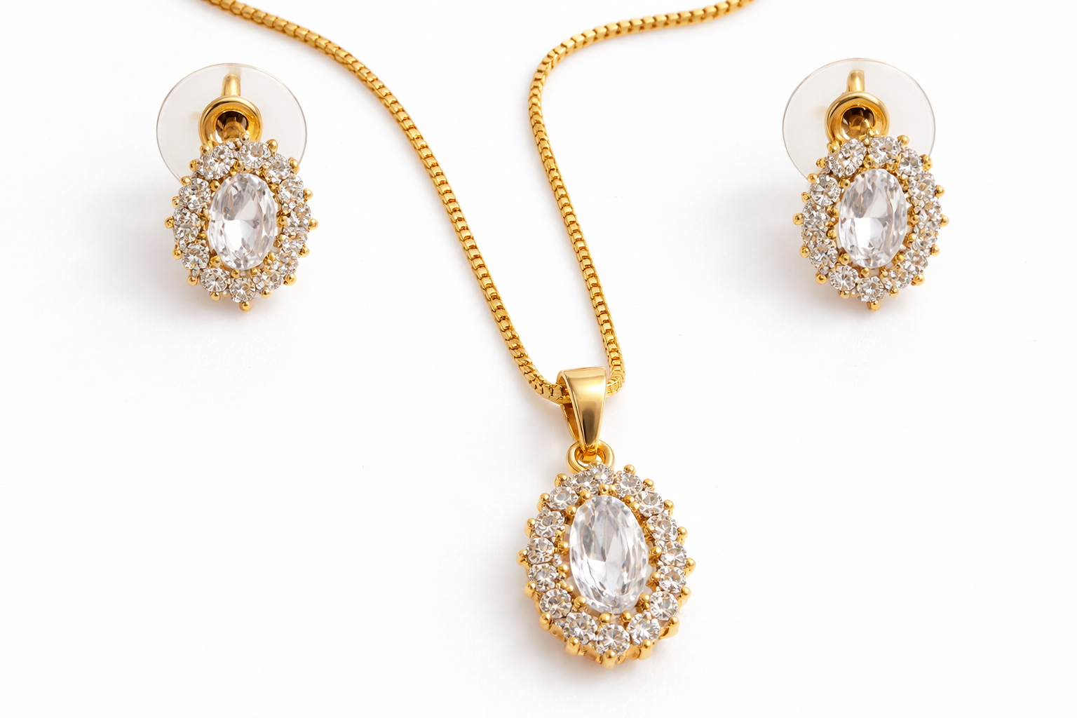 Gold Plated Oval CZ Diamond Crystal Jewelry Set