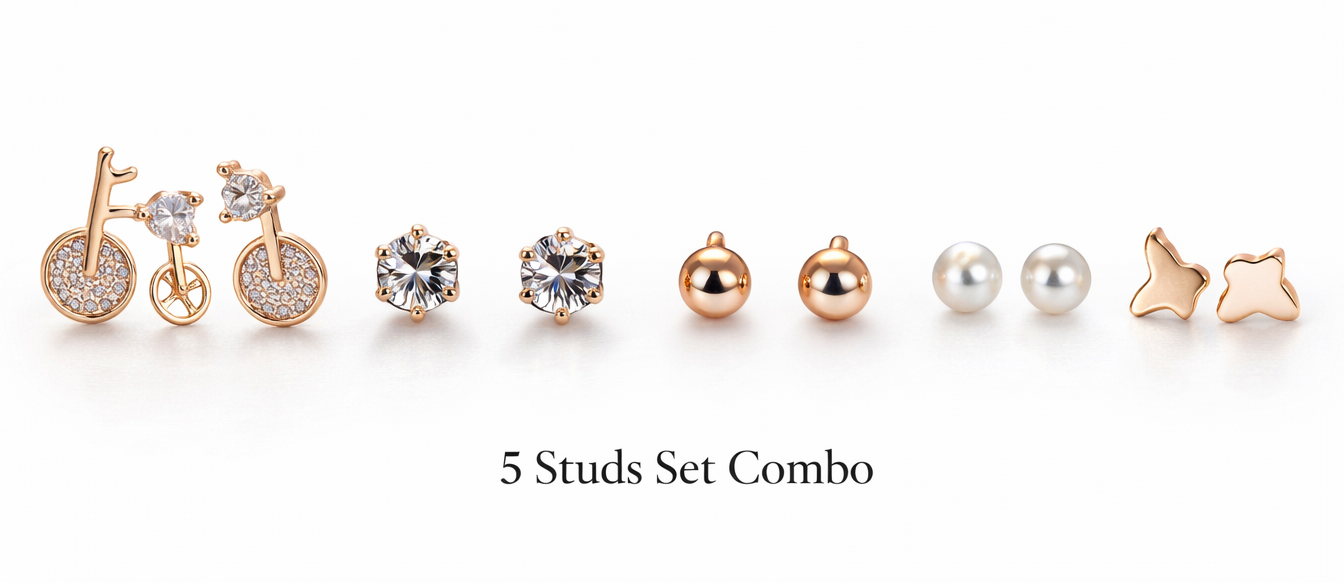 Rose Gold CZ Diamond, Pearl & Designer Stud Combo