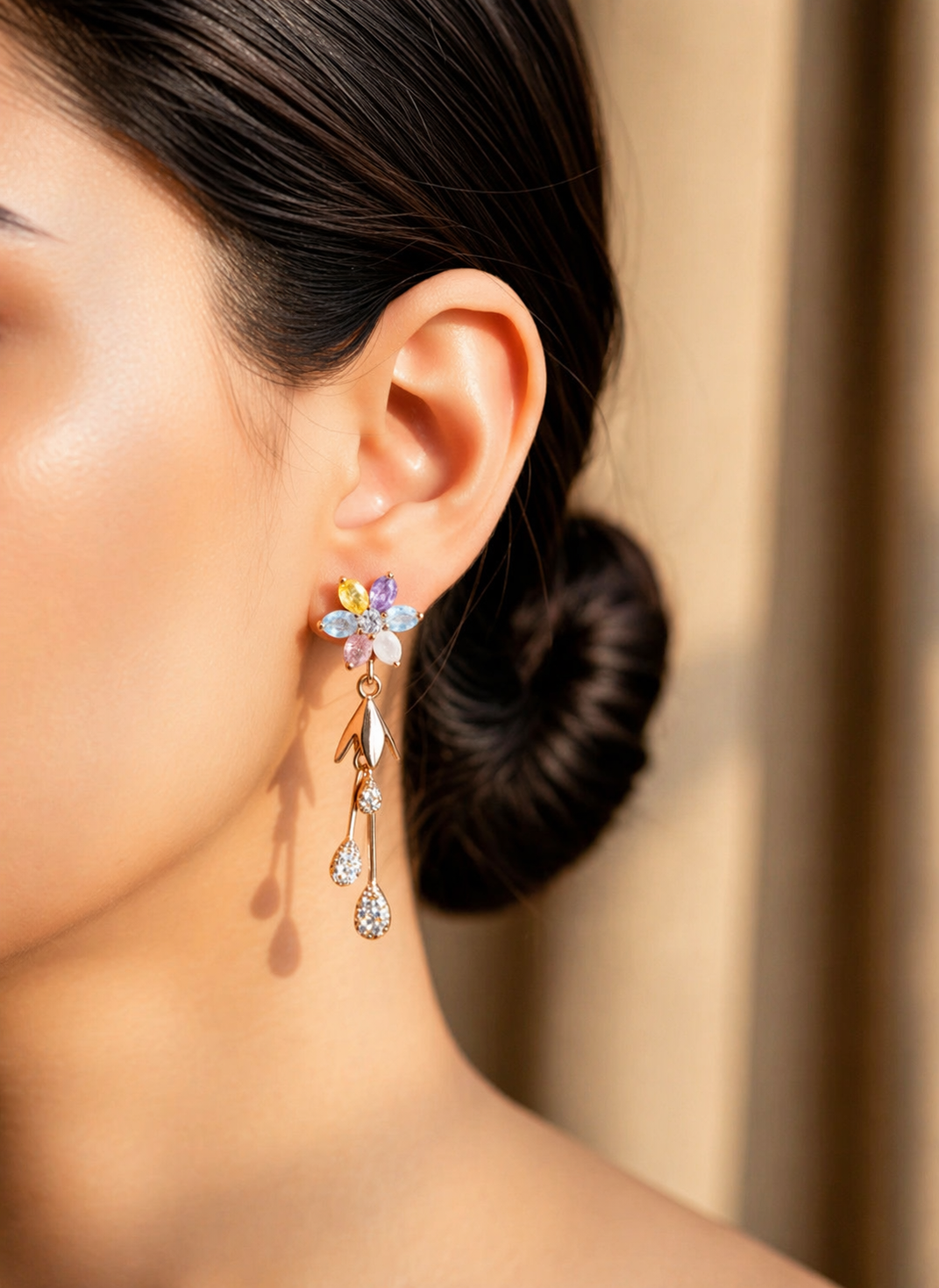 Floral CZ Diamond Crystal Drop Earrings