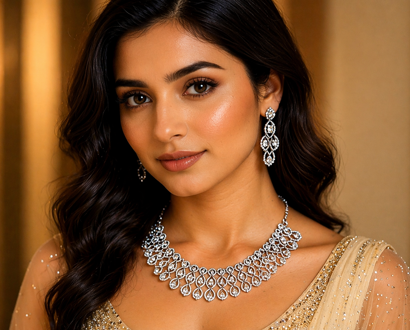 Elegant CZ Diamond Crystal Necklace & Earring Set