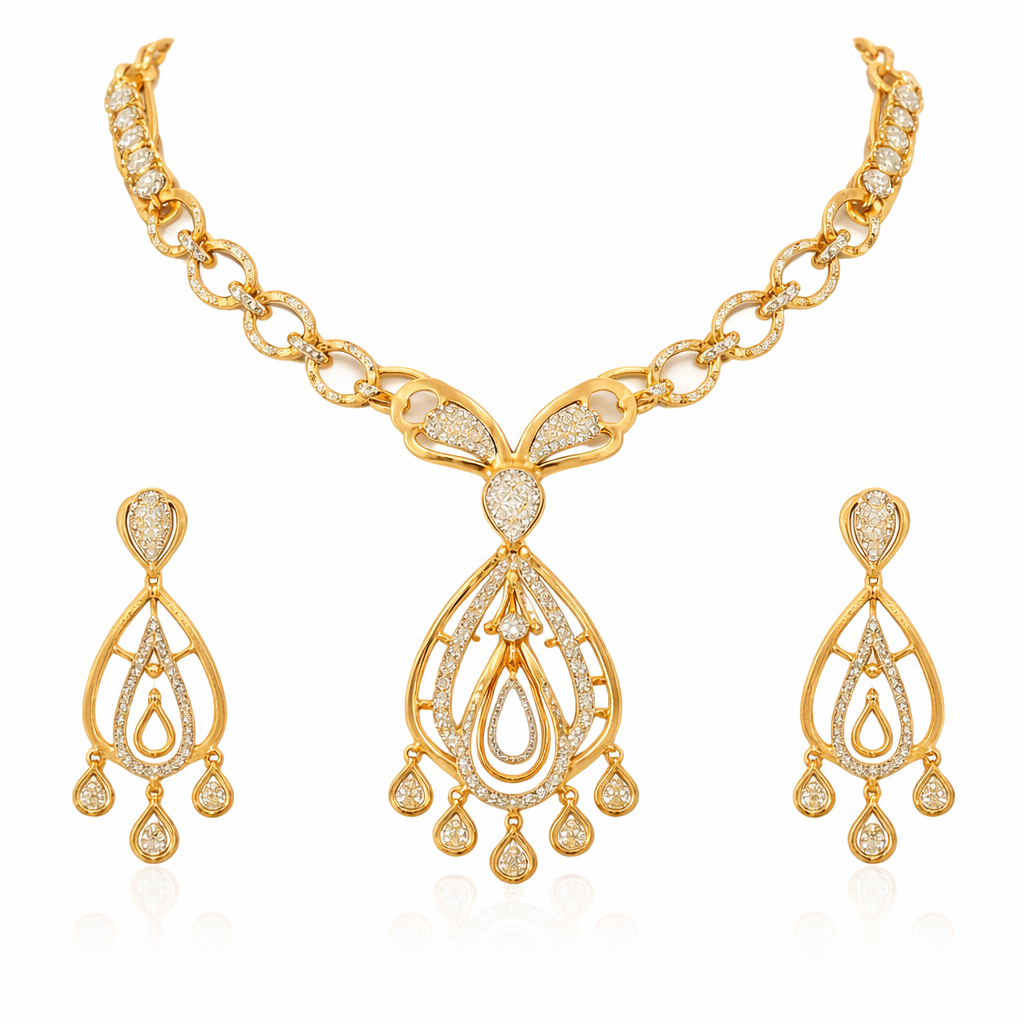 Elegant Gold Plated CZ Diamond Necklace and Earrings Set