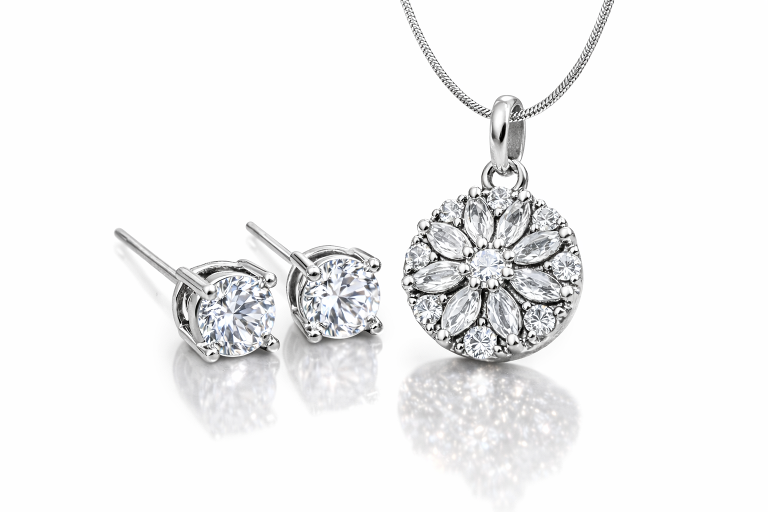 CZ Diamond Flower Pendant with Solitaire studs