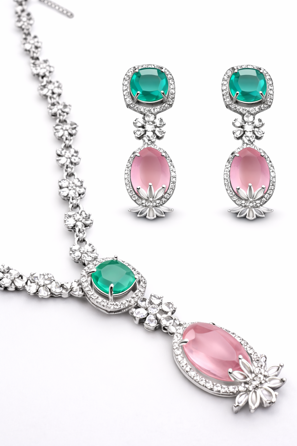 Elegant Gemstone CZ Diamond Necklace & Earrings Set