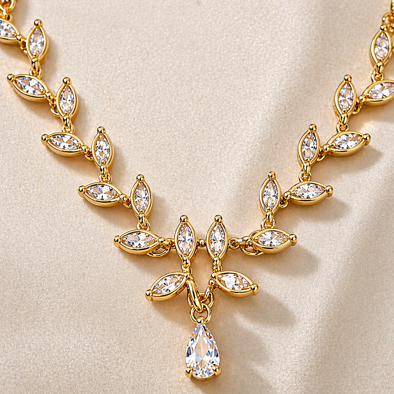 Gold Plated CZ Diamond Crystal Leaf Necklace