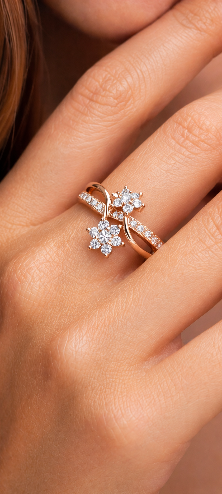 Rose Gold Plated Floral CZ Diamond Ring