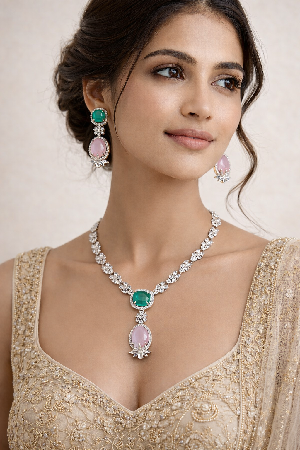 Elegant Gemstone CZ Diamond Necklace & Earrings Set
