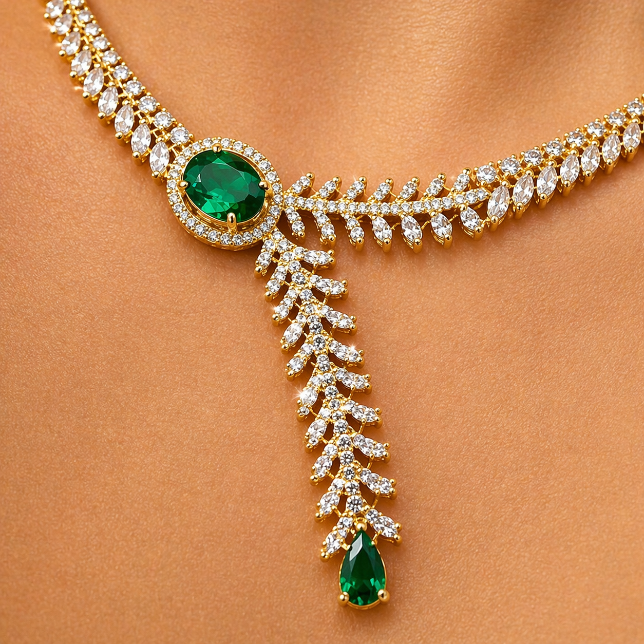 Emerald & CZ Diamond Necklace Set
