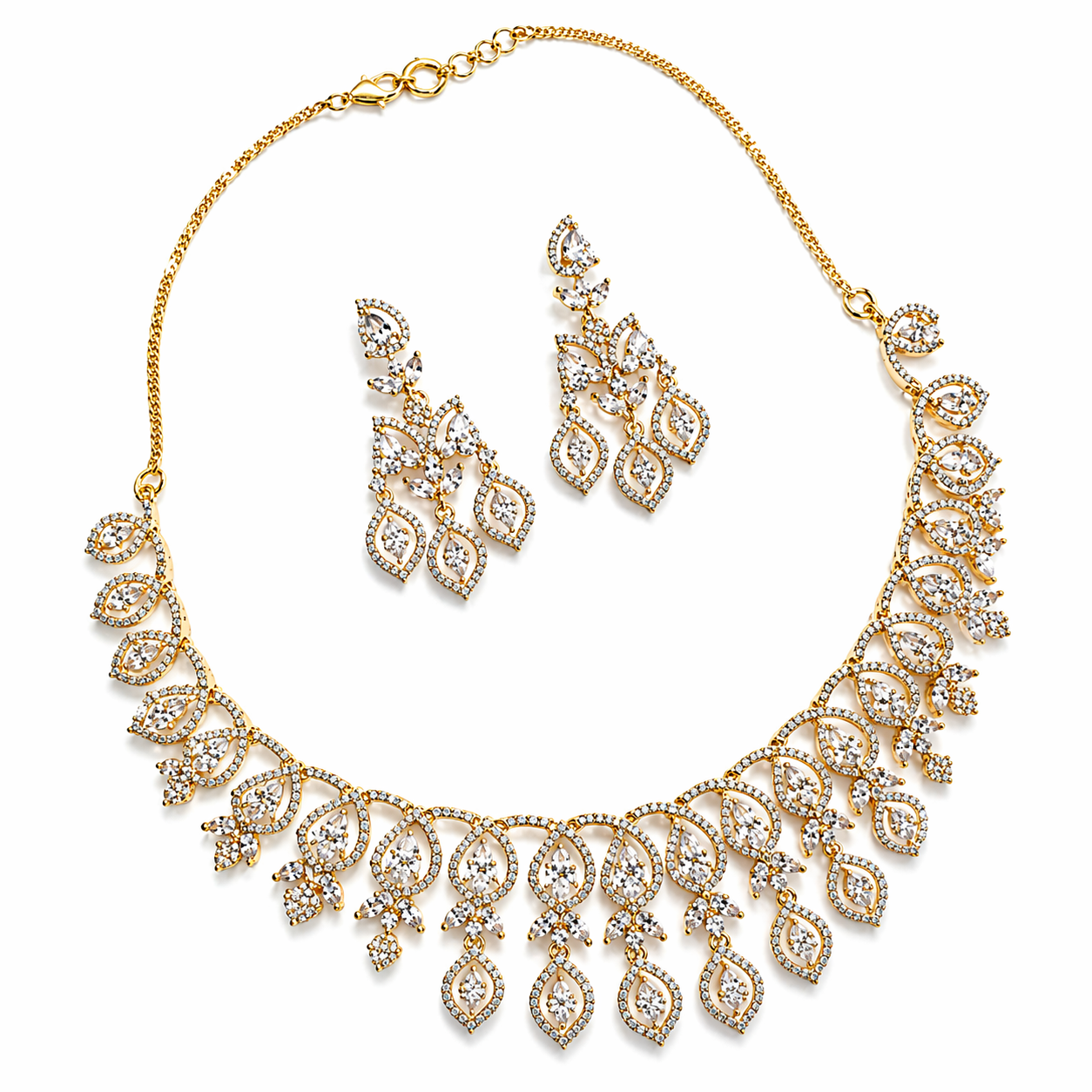 Gold Plated Leaf CZ Diamond Necklace & Earring Set