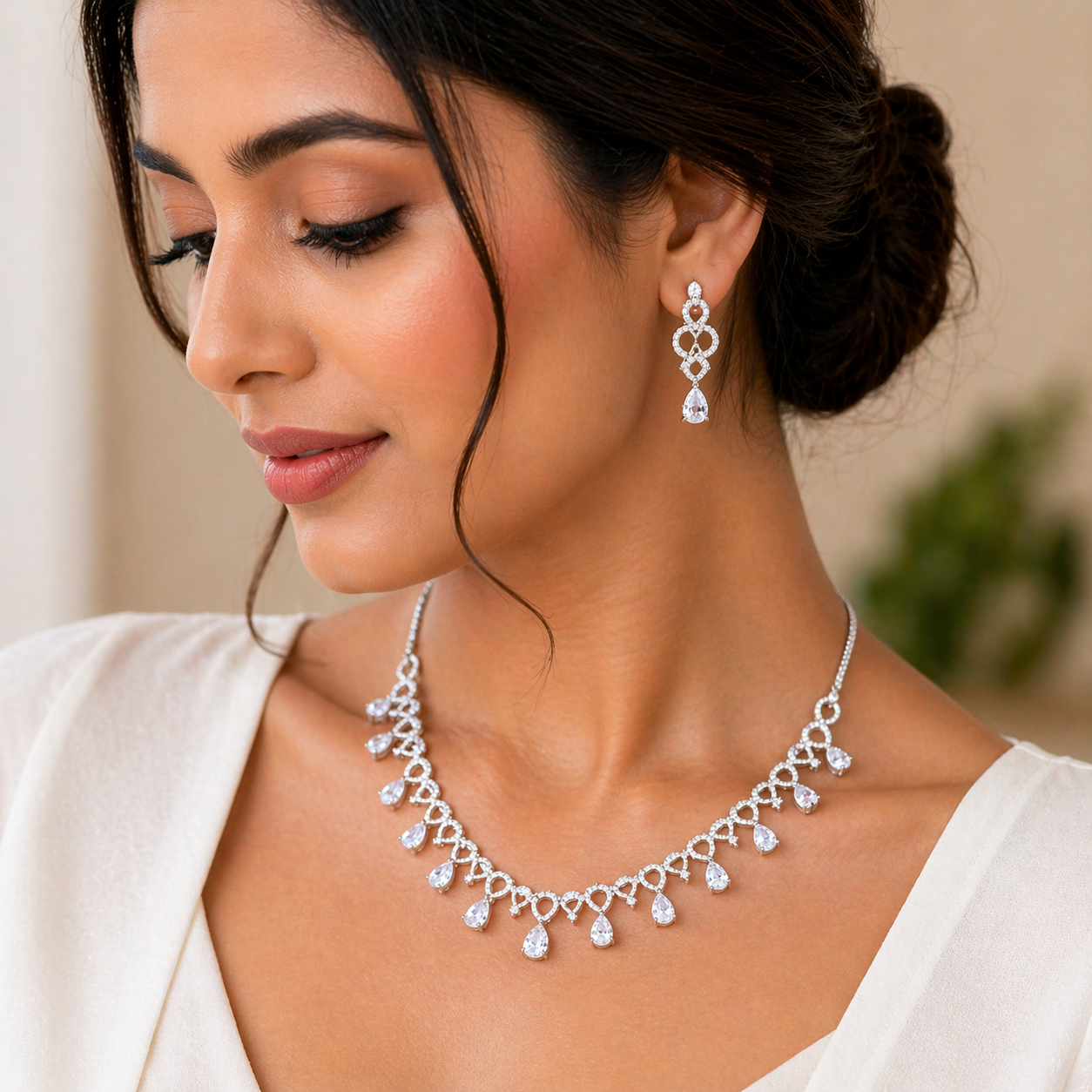 Elegant CZ Diamond Crystal Necklace & Earrings Set
