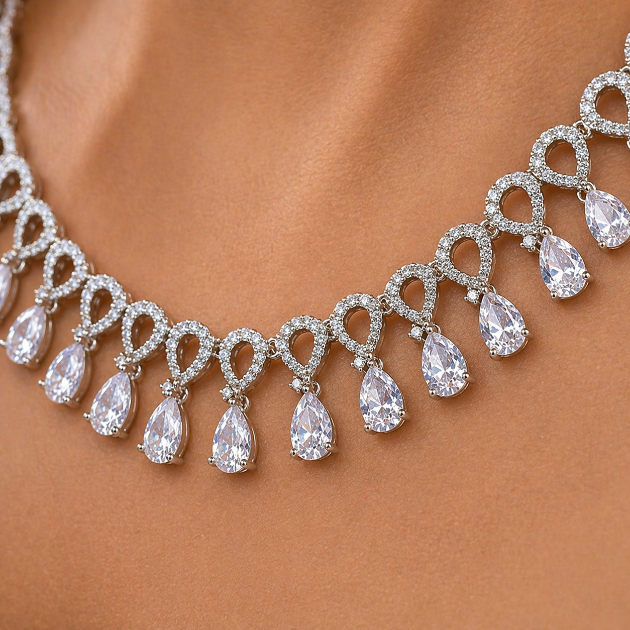 Elegant CZ Diamond Crystal Necklace & Earrings Set